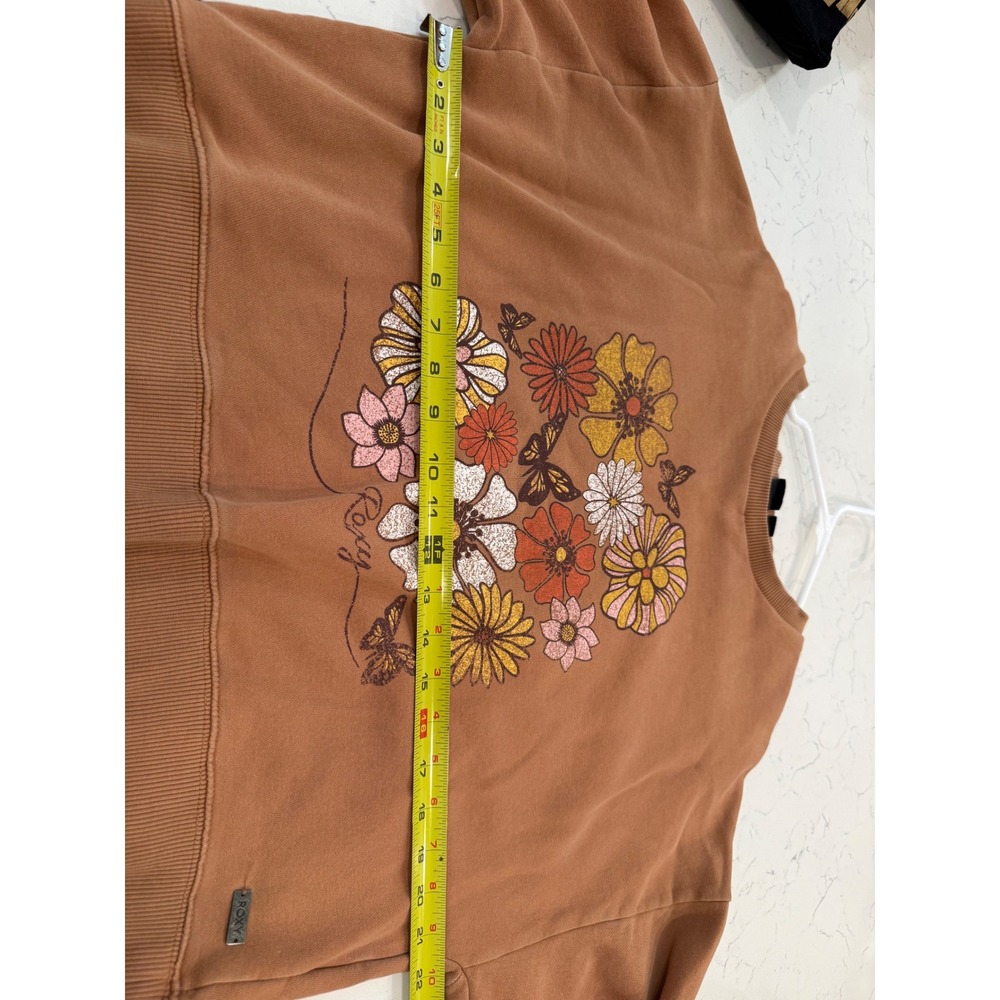 Roxy Womens Brown Floral Butterfly Graphic Crewneck Sweatshirt Small Retro Crop - Picture 7 of 7